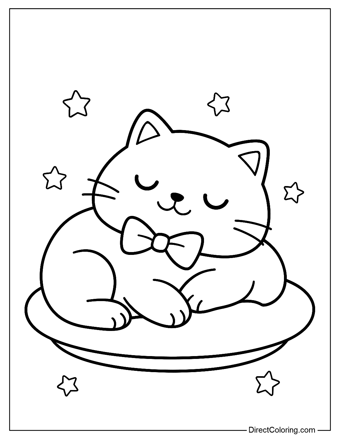Coloring Page A chubby cat wearing a bow tie, sleeping on a soft pillow, surrounded by little stars